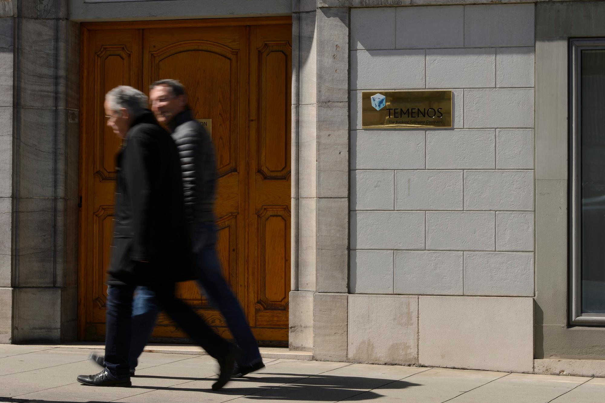 Le logo de la banque Temenos photographie, ce mercredi 8 avril 2015 a son siege a Geneve. (KEYSTONE/Martial Trezzini)