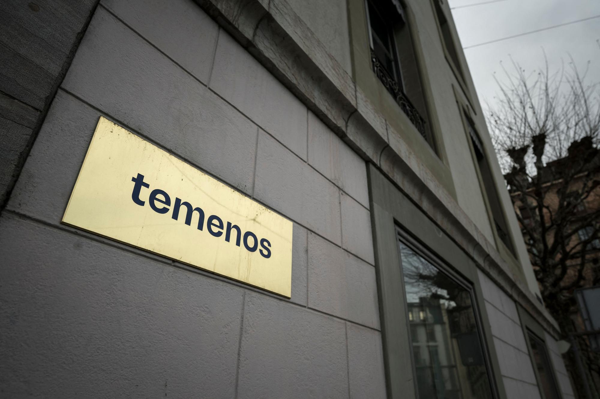 A sign identifying Temenos, a Swiss company specialising in enterprise software for banks and financial services, is seen in Geneva on February 19, 2024. The shares of the Geneva-based company plummeted on the stock market last February 15, 2024 following accusations of accounting irregularities from the Prominent US short seller Hindenburg Research. (Photo by Fabrice COFFRINI / AFP)