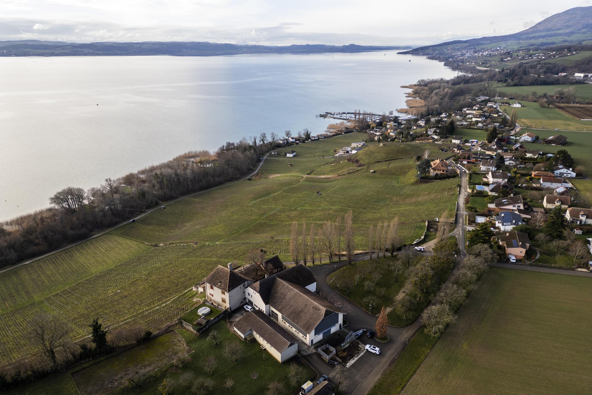 Le vignoble Neuchatelois et l'Abbaye de Bevaix lors d'un point presse de l'Universite de Neuchatel (UniNE) pour presenter une serie de "degustations scientifiques" sur le theme de lÕimpact des changements climatiques sur le vignoble de lÕArc jurassien ce samedi, 17 fevrier 2024 a Bevaix. (KEYSTONE/Laurent Merlet)