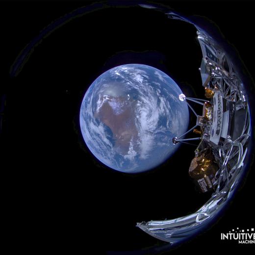This image provided by Intuitive Machines shows its Odysseus lunar lander with the Earth in the background on Feb. 16, 2024. The image was captured shortly after separation from SpaceX's second stage on Intuitive Machines' first journey to the moon. (Intuitive Machines via AP)