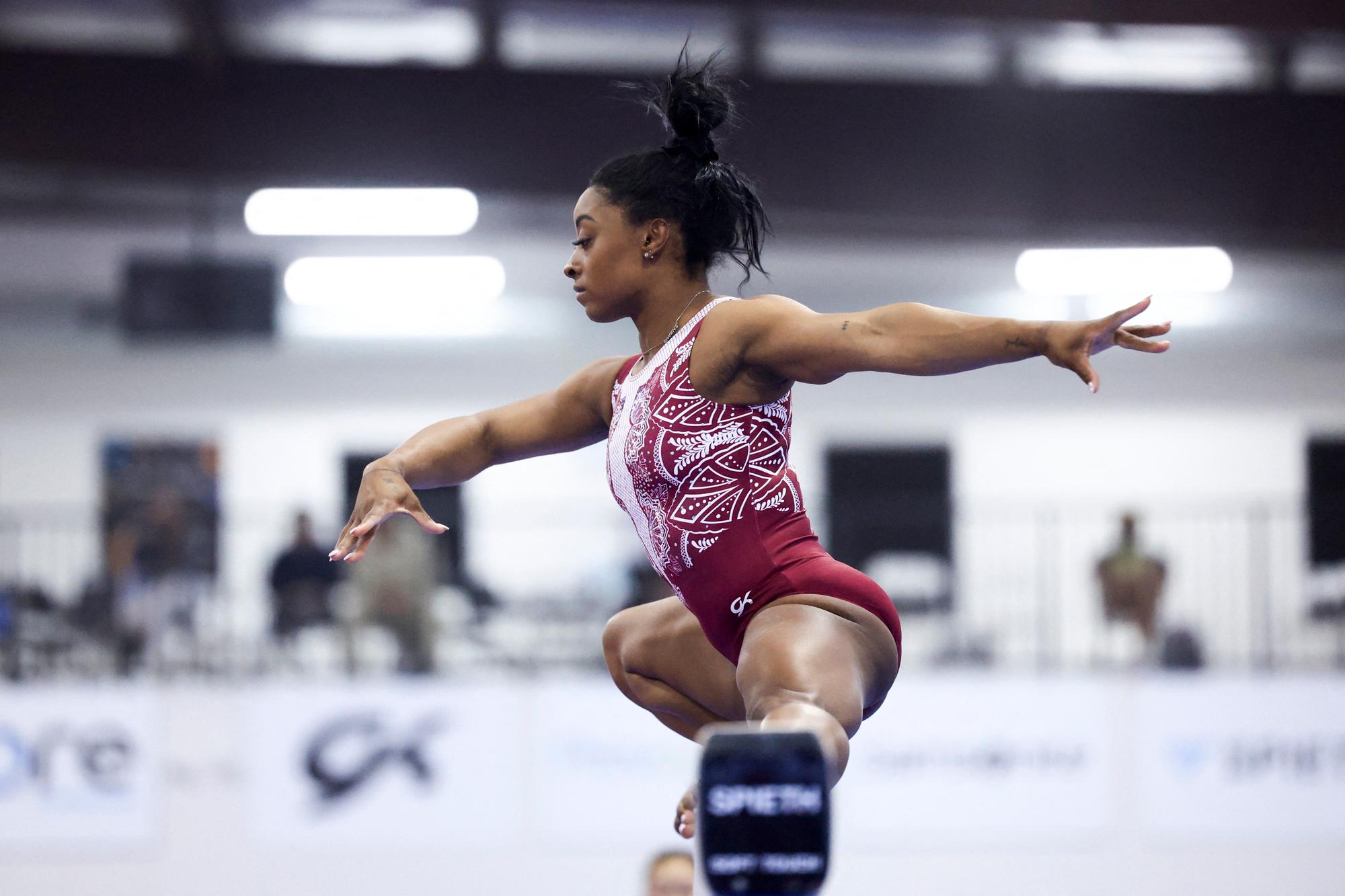 KATY, TEXAS - FEBRUARY 05: Simone Biles participates in a workout on February 05, 2024 in Katy, Texas. Carmen Mandato/Getty Images/AFP (Photo by Carmen Mandato / GETTY IMAGES NORTH AMERICA / Getty Images via AFP)