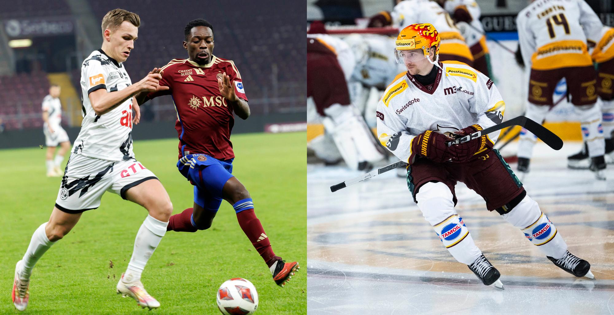 Lugano's midfielder Romeo Morandi, left, fights for the ball with Servette's defender Bradley Mazikou, right, during the Super League soccer match of Swiss Championship between Servette FC and FC Lugano, at the Stade de Geneve stadium, in Geneva, Switzerland, Sunday, December 17, 2023. The stand of Servette Ultra fans is closed by the Geneva authorities to due serious incidents between Servette's Ultras and Lausanne Sport's Ultras at the match Lausanne Sport and Servette FC played the December 9 2023 in Lausanne. (KEYSTONE/Salvatore Di Nolfi)