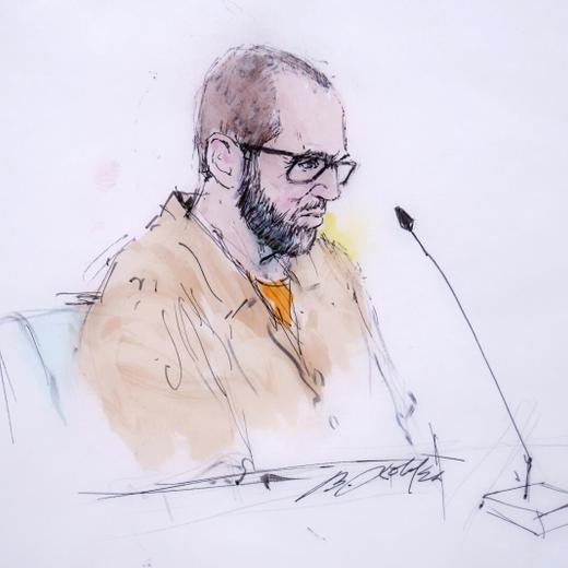 In this courtroom sketch Defendant Alexander Smirnov speaks in Federal court in Los Angeles, Monday, Feb. 26, 2024. (William T. Robles via AP)