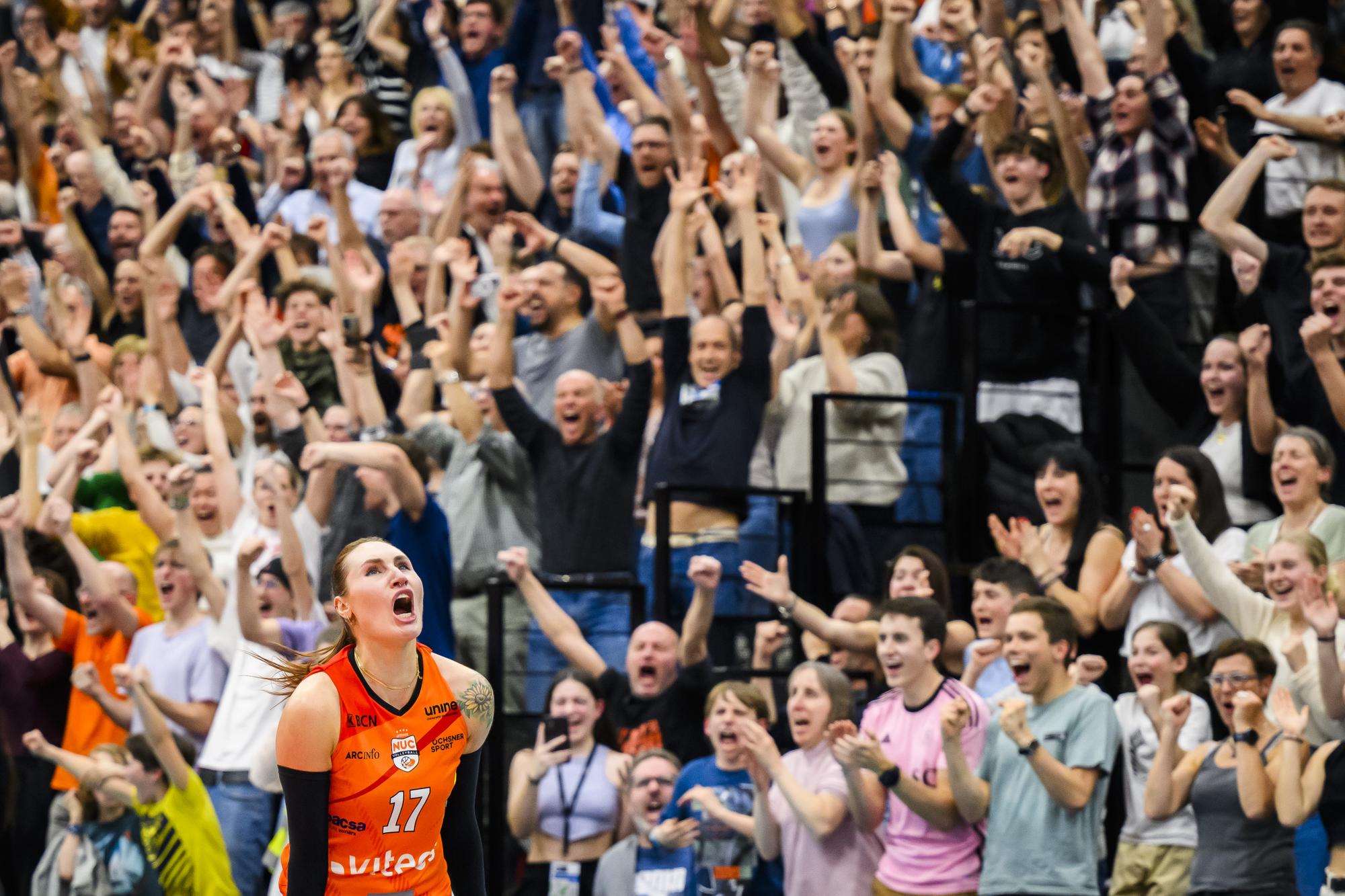 Neuchatel's player Tessa Ann Grubbs celebrates the victory during the women's semi-final second leg of the women's CEV Volleyball Cup between Switzerland's Viteos Neuchatel UC and Poland's Grot Budowlani Lodz, in Neuchatel, Switzerland, Tuesday, February 27, 2024. (KEYSTONE/Jean-Christophe Bott)