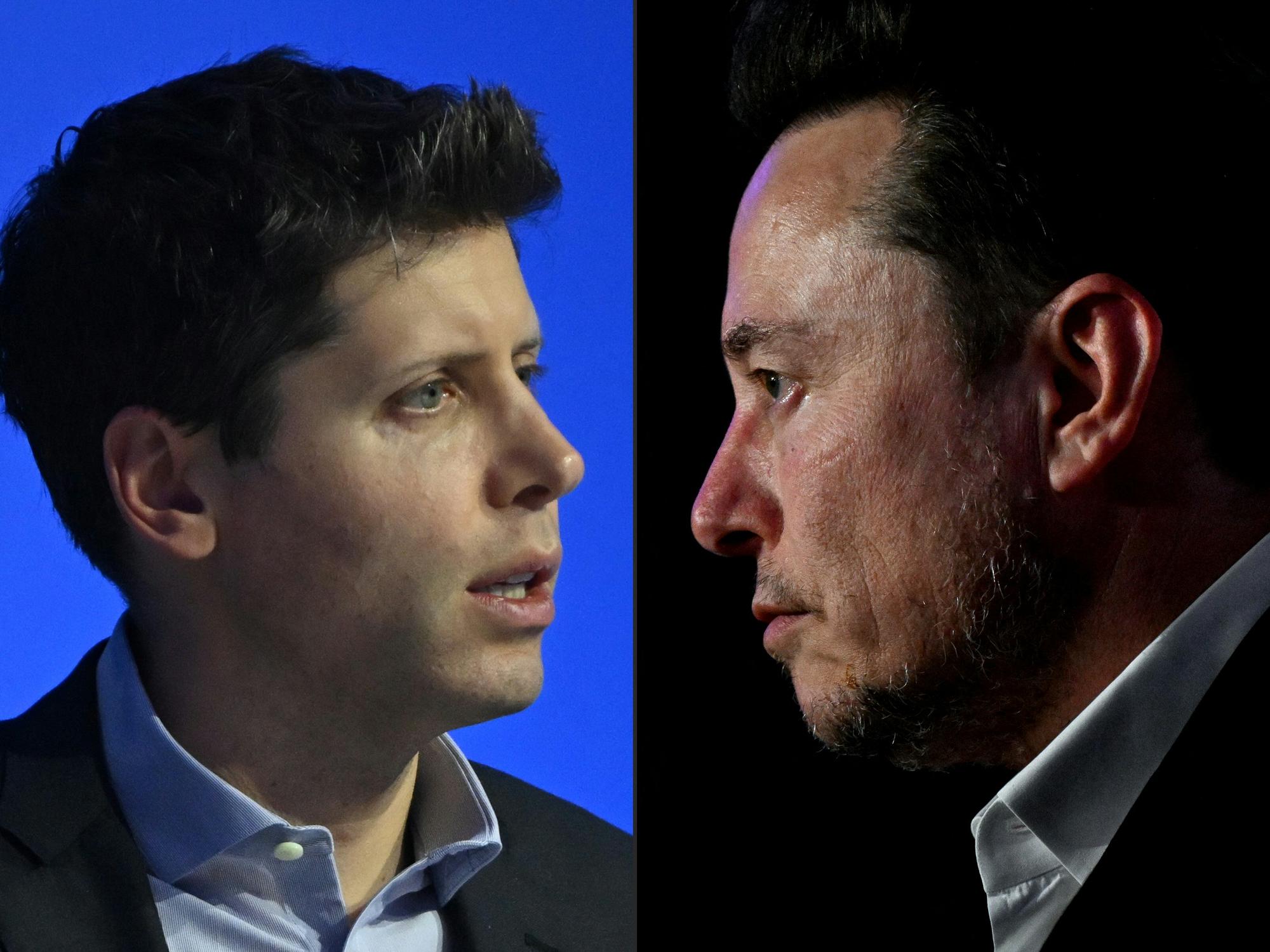 (COMBO) This combination of pictures created on March 01, 2024 shows Sam Altman, CEO of OpenAI in San Francisco, California, on November 16, 2023 and X (formerly Twitter) CEO Elon Musk in Krakow, on January 22, 2024. Elon Musk has launched a legal case against OpenAI, the AI firm he helped to set up in 2015, accusing its leaders of a "betrayal" of its founding mission.  The tycoon, who left OpenAI in 2018, argued in documents filed in a San Francisco court February 29, 2024 that the firm was always intended as a non-profit entity. (Photo by ANDREW CABALLERO-REYNOLDS and Sergei GAPON / AFP)