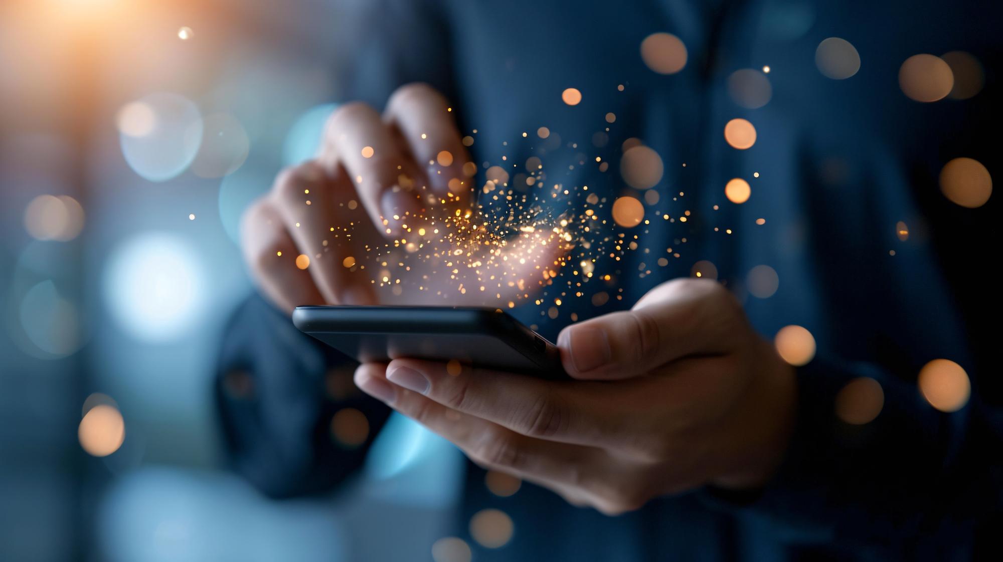 Professional using mobile device for digital promotion and virtual communication. Remote work during pandemic.