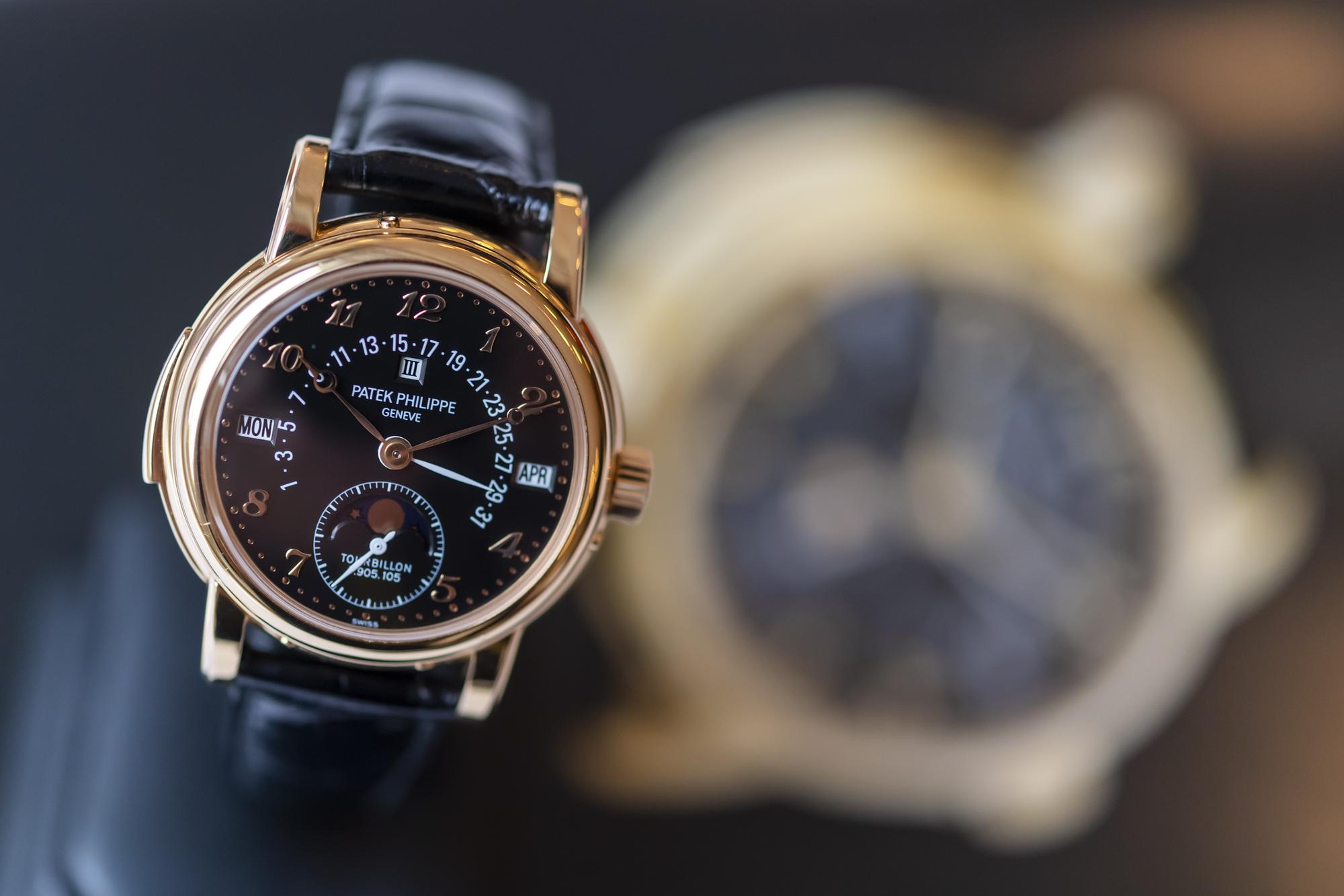 The Patek Philippe, Pink gold minute repeating perpetual calendar tourbillon wristwatch with retrograde date, moon phases and leap-year indication is estimated to sell between 2 - 4 million US Dollar, during a preview at the Sotheby's, in Geneva, Switzerland, Thursday, November 7, 2019. It is estimated to sell between 400,000 to 600,000 millions US dollars. The auction will take place in Geneva, on November 12, 2019. (KEYSTONE/Martial Trezzini)