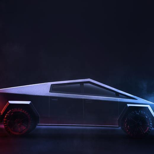Izmir, Turkey - February 16, 2020: Side view of Tesla brand cybertruck pickup car on a dark background with lights.
